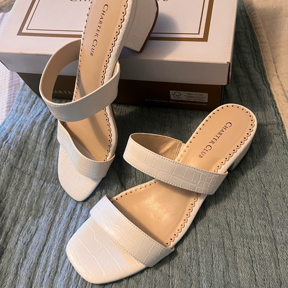 Charter Club White Croc-Embossed Double Strap Block Heel Slides